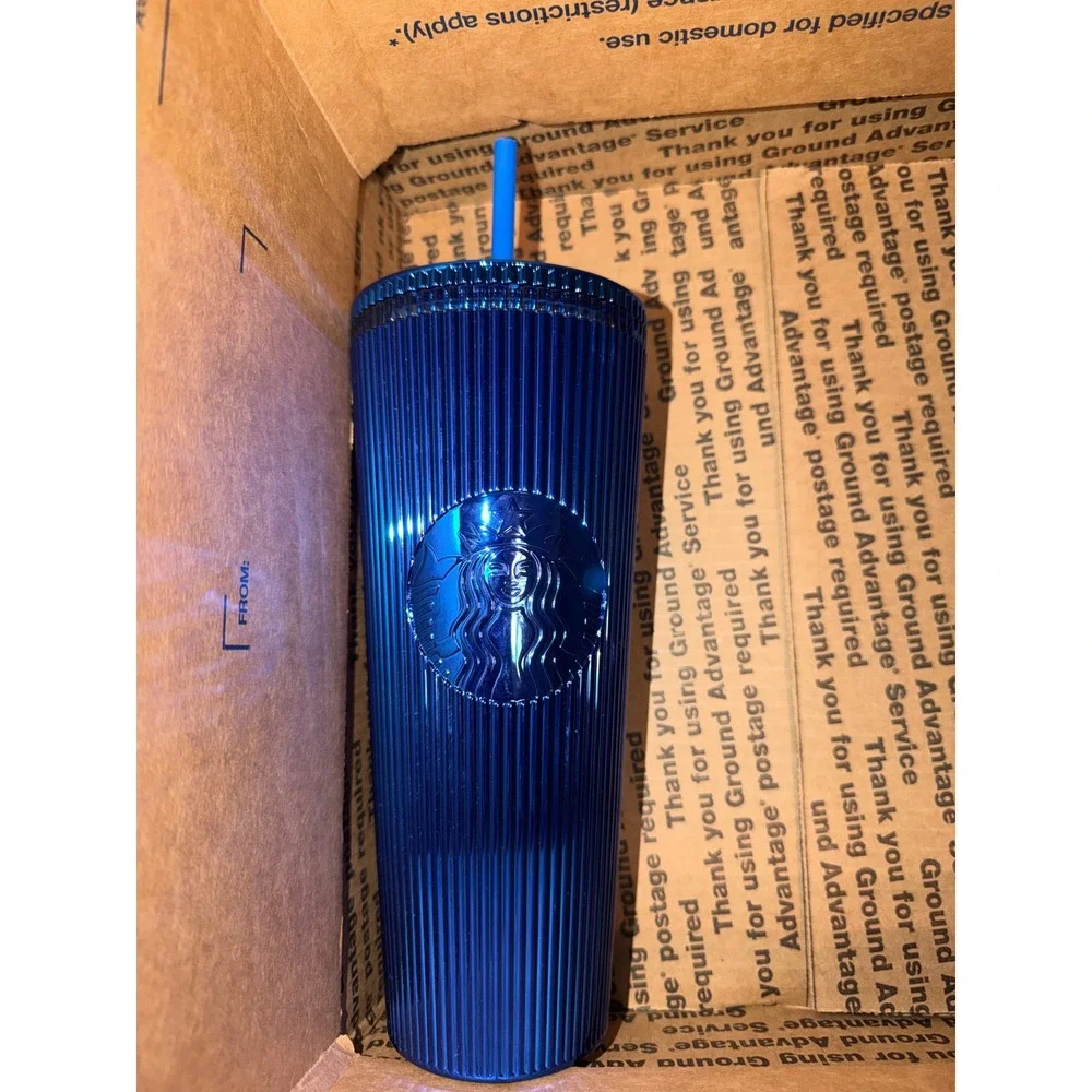 Starbucks Cold Cup Tumbler 24oz Metallic Cobalt blue Ribbed Textured Siren
